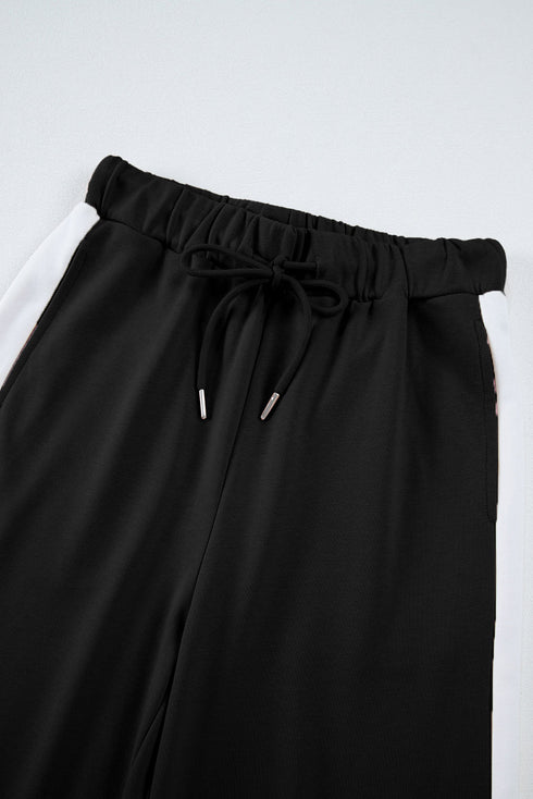 Varsity Stripe Contrast Collar Drop Shoulder Pullover And Drawstring Wide Leg Pant Set